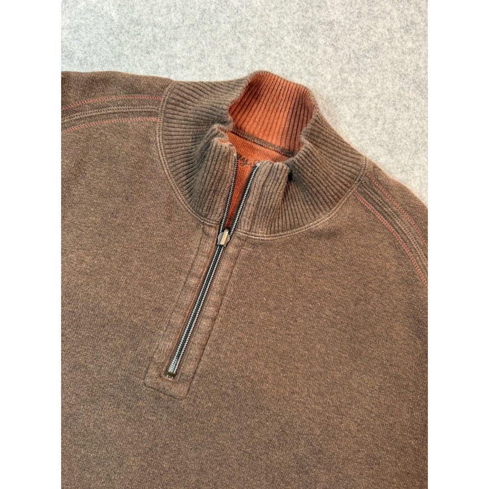Tommy Bahama Mens Brown Quarter Zip Pullover Sweater Orange Accents Marl Knit